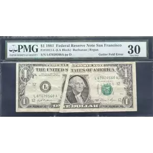 $1 1981 Green seal. Small Size $1 Federal Reserve Notes 1911-L