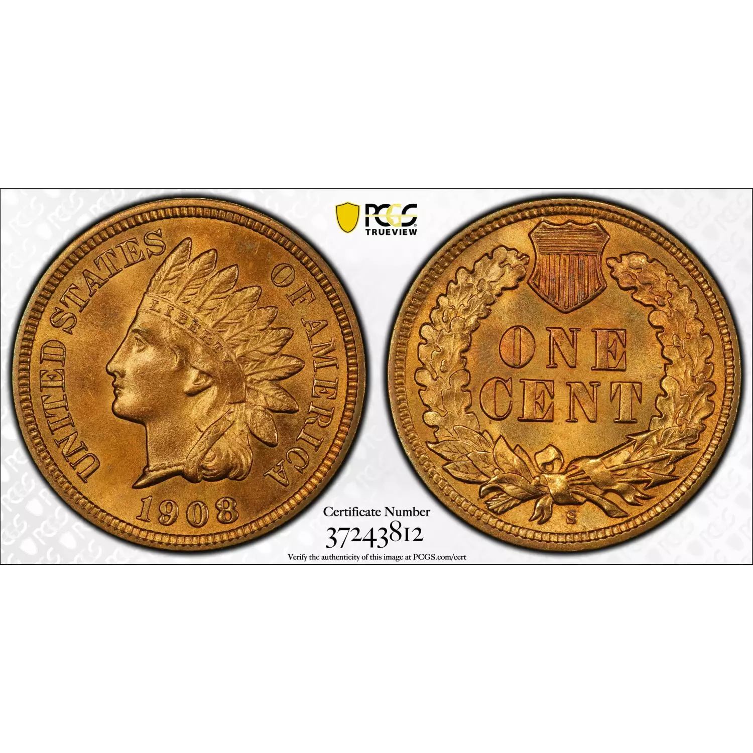 1908-S Small Cents Indian Head PCGS MS-66 RB CAC - Allgood Coin