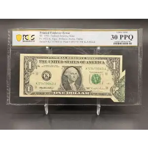 $1 1995 Green seal. Small Size $1 Federal Reserve Notes 1922-K